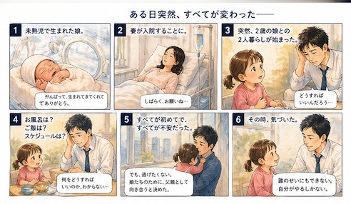 未熟児の娘、妻の入院、2歳の娘との2人暮らしを描いた漫画